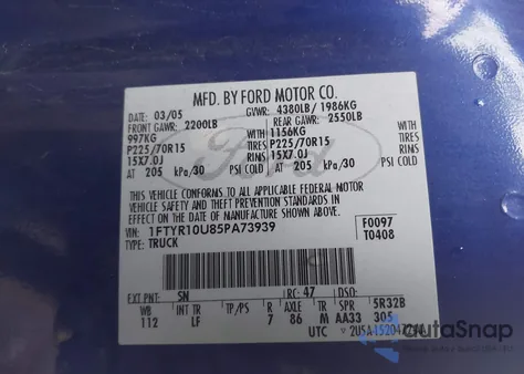 2005 Ford Ranger Edge/Stx/Xl/Xls/Xlt из США, поврежденный, VIN 1FTYR10U85PA73939